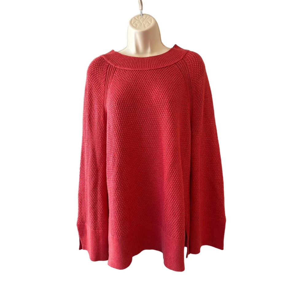 LOFT Women Coral Pink Textured Cotton Knit Raglan Sweater Side Slit‎ Size L